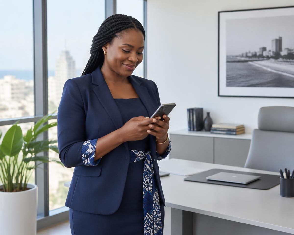 Une dirigeante sénégalaise consulte son téléphone dans un bureau lumineux à Dakar